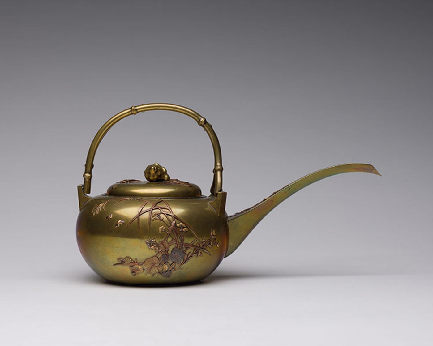 Japanese Art - A Japanese Takazogan Mixed-Metal Inlay Teapot and Cover, Signed, Meiji Period, Early 20th Century