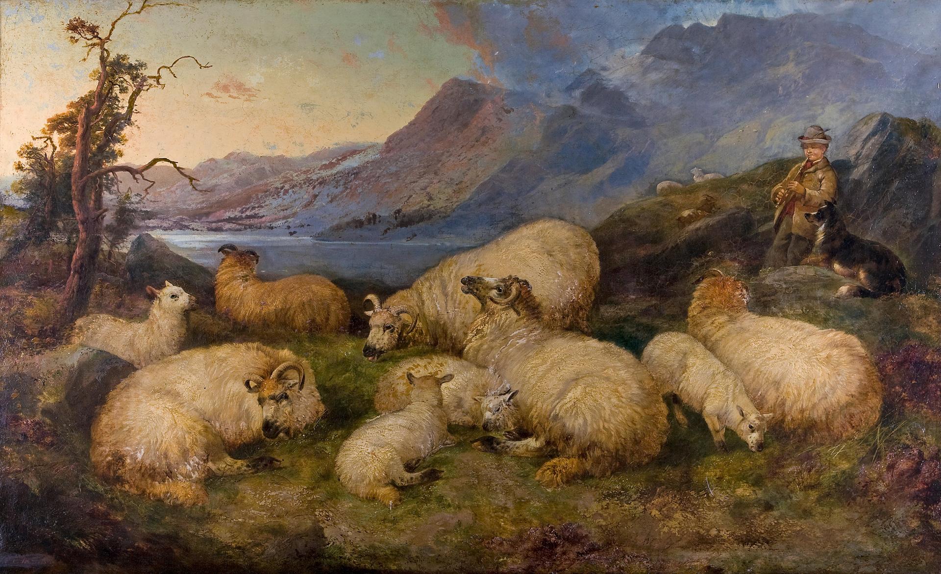 James Charles Morris - Shepherd boy with his flock in the highlands