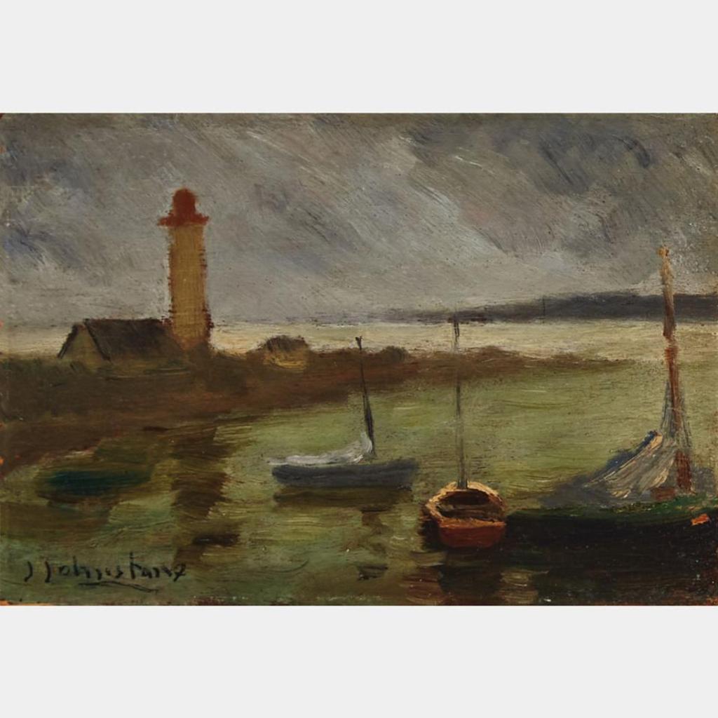 John Young Johnstone (1887-1930) - Lighthouse With Moored Boats