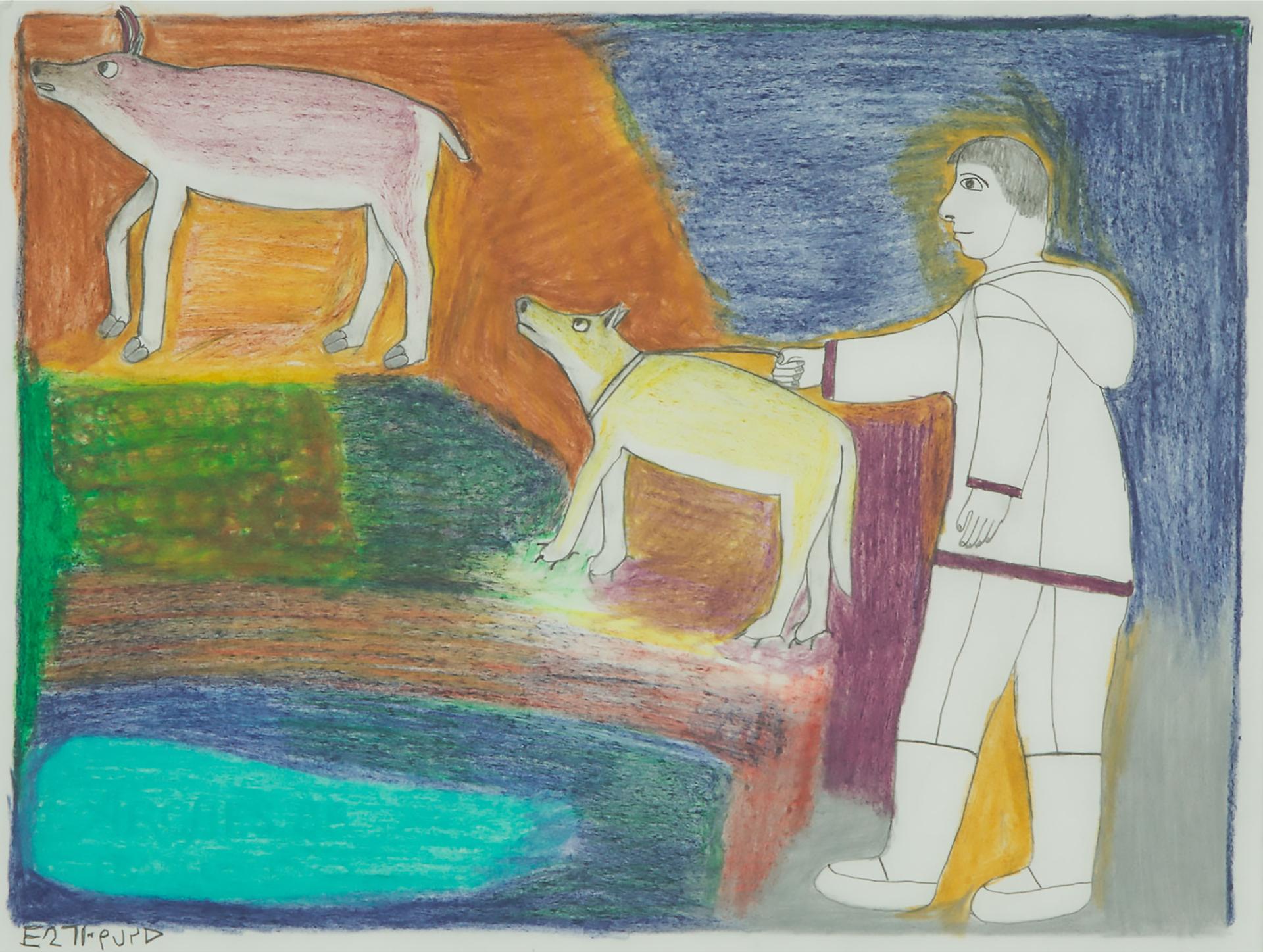Janet Kigusiuq (1926-2005) - Untitled (Man Dog And Caribou)