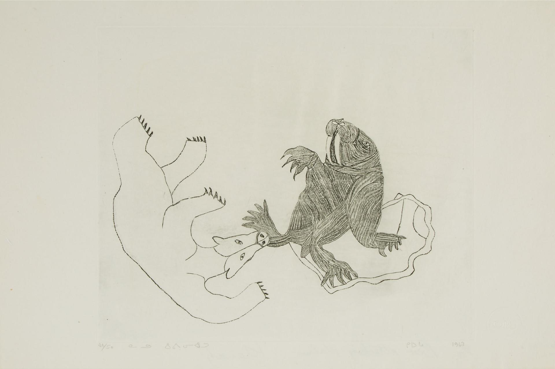 Kiawak (Kiugak) Ashoona (1933-2014) - Bear Attacking Walrus