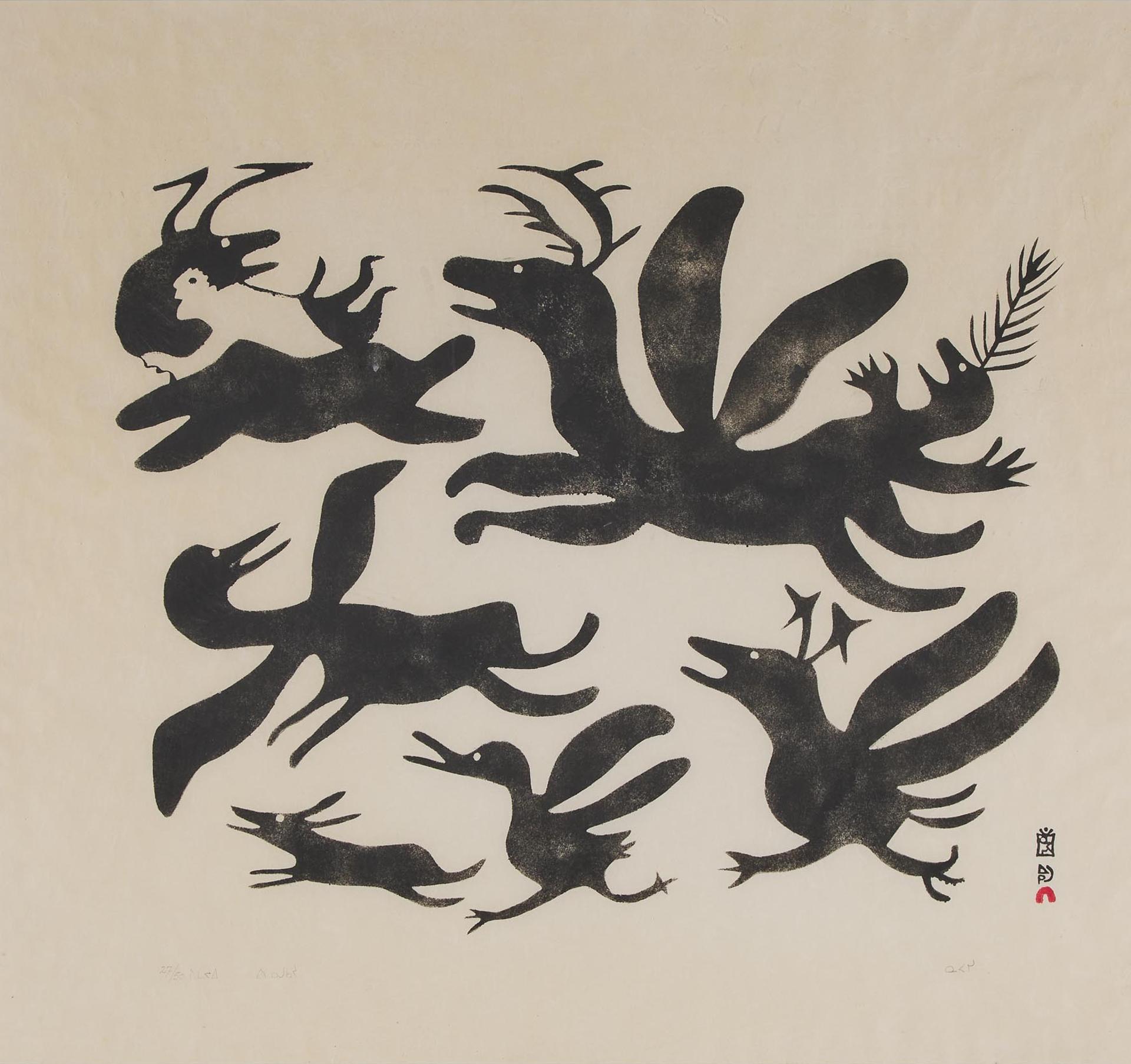 Napatchie Pootoogook (1938-2002) - Man With Beasts, 1963