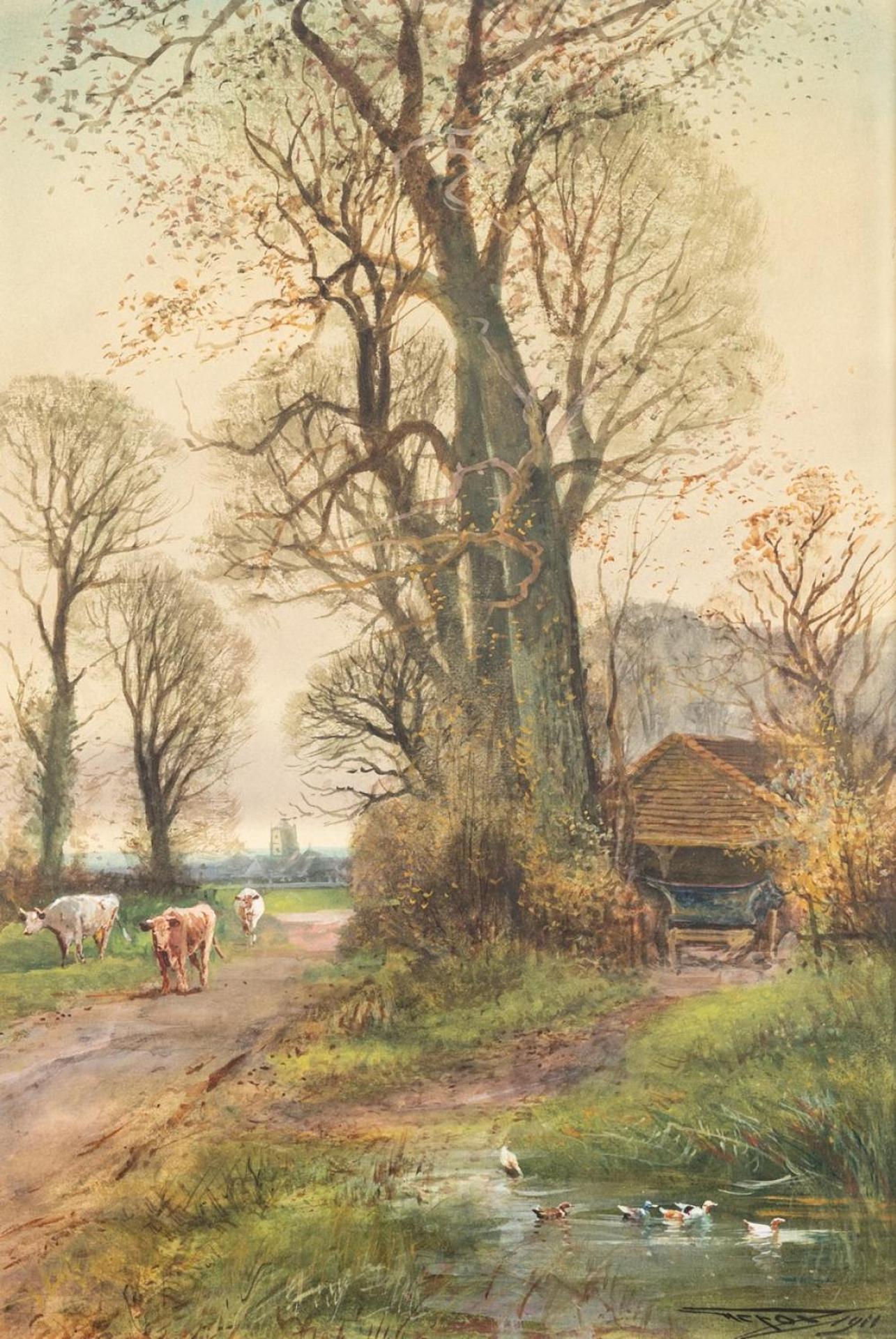 Henry Charles Fox (1860-1925) - Cattle and Ducks in a Landscape