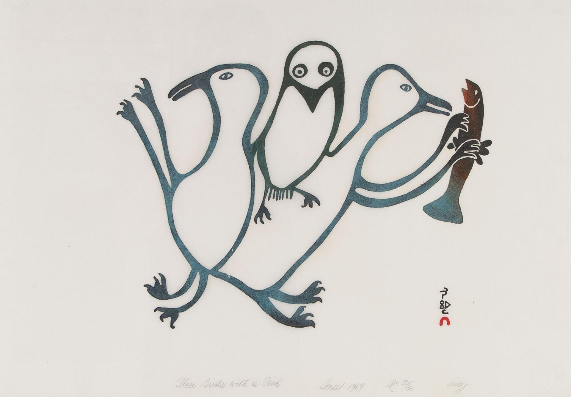 Lucy Qinnuayuak (1915-1982) - Three Birds With A Fish