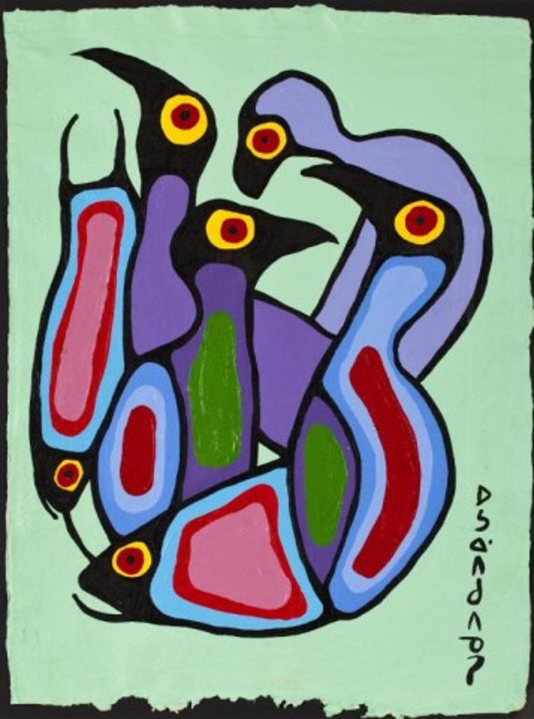 Norval H. Morrisseau (1931-2007) - Ca. 1978, Four Birds and Two Fish, Acrylic on paper, framed