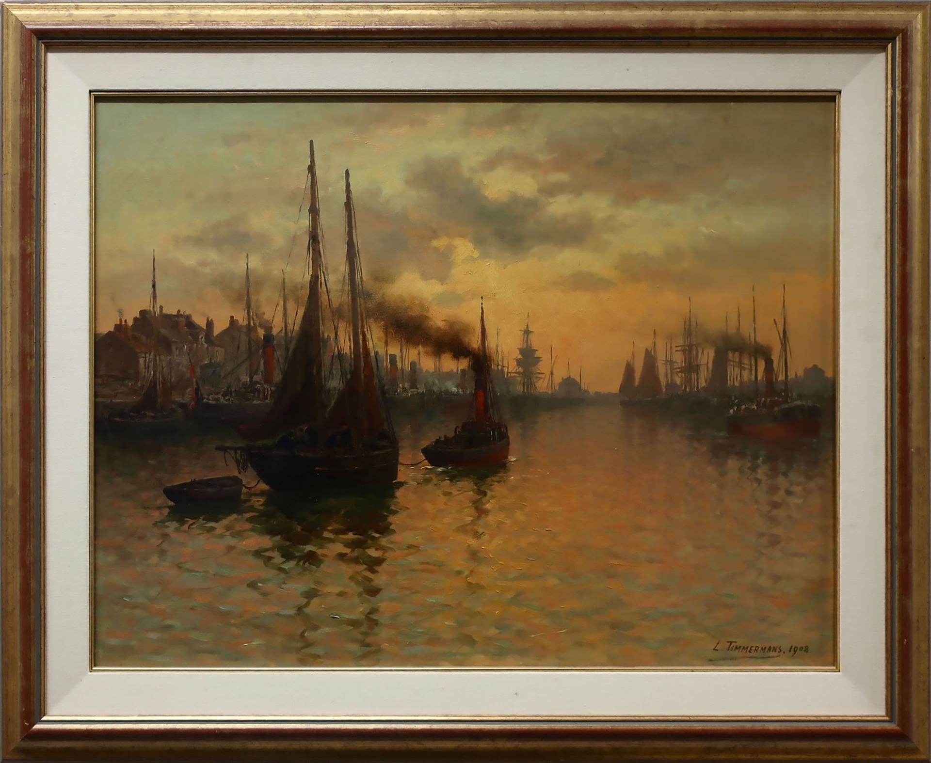 Louis Étienne Timmermans (1846-1910) - Harbour Scene At Sunset