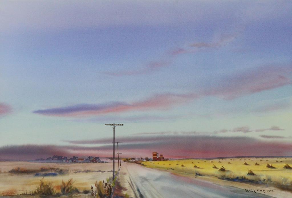 Cecil E. James (1908-1996) - Prairie Town At Sunset, With Stooks And Grain Elevators; 1974