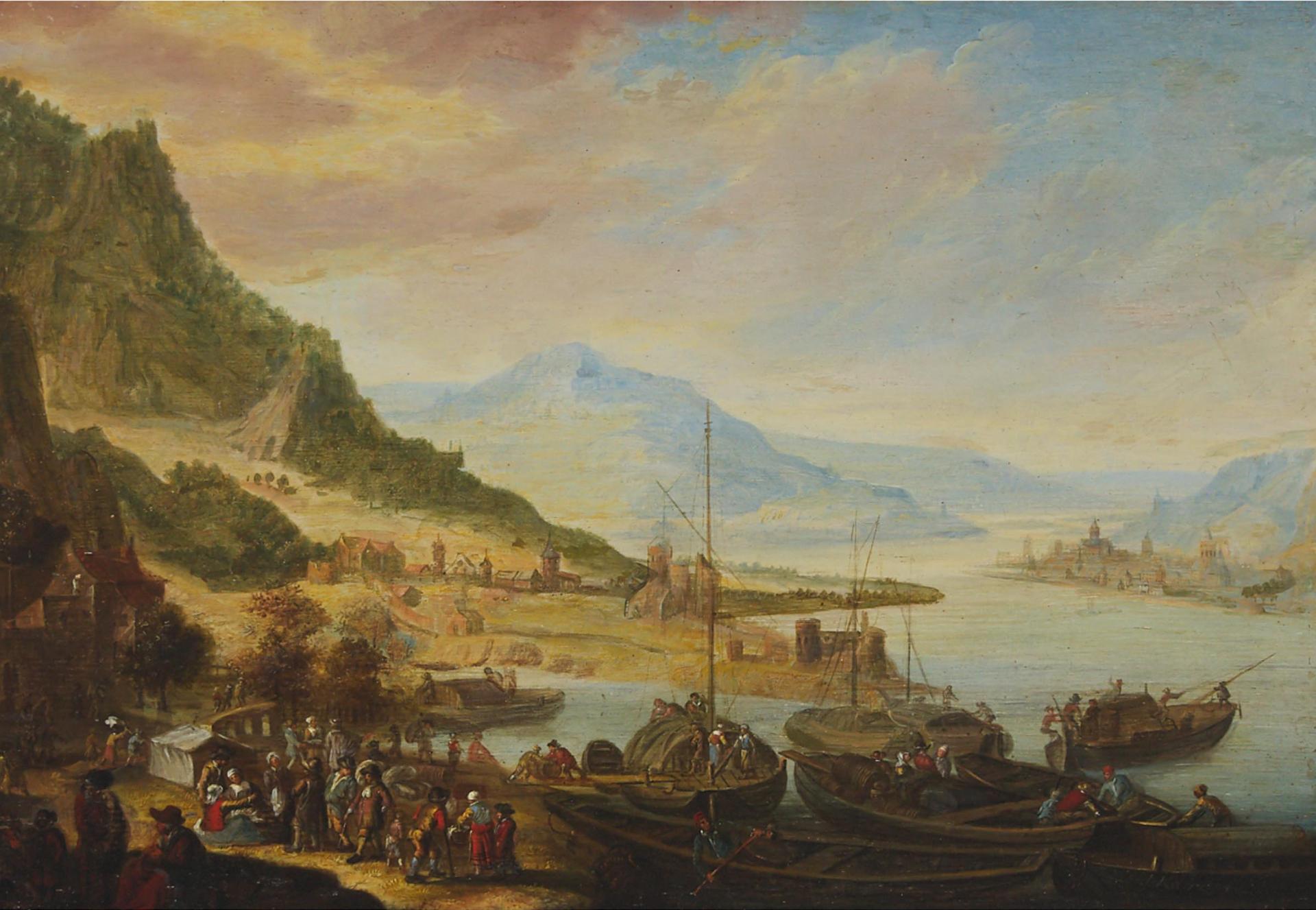 Barend van Kalraet (1649-1721) - Busy Village Harbour With Boats Coming And Going, With Many Figures Unloading Supplies And Meeting In Groups