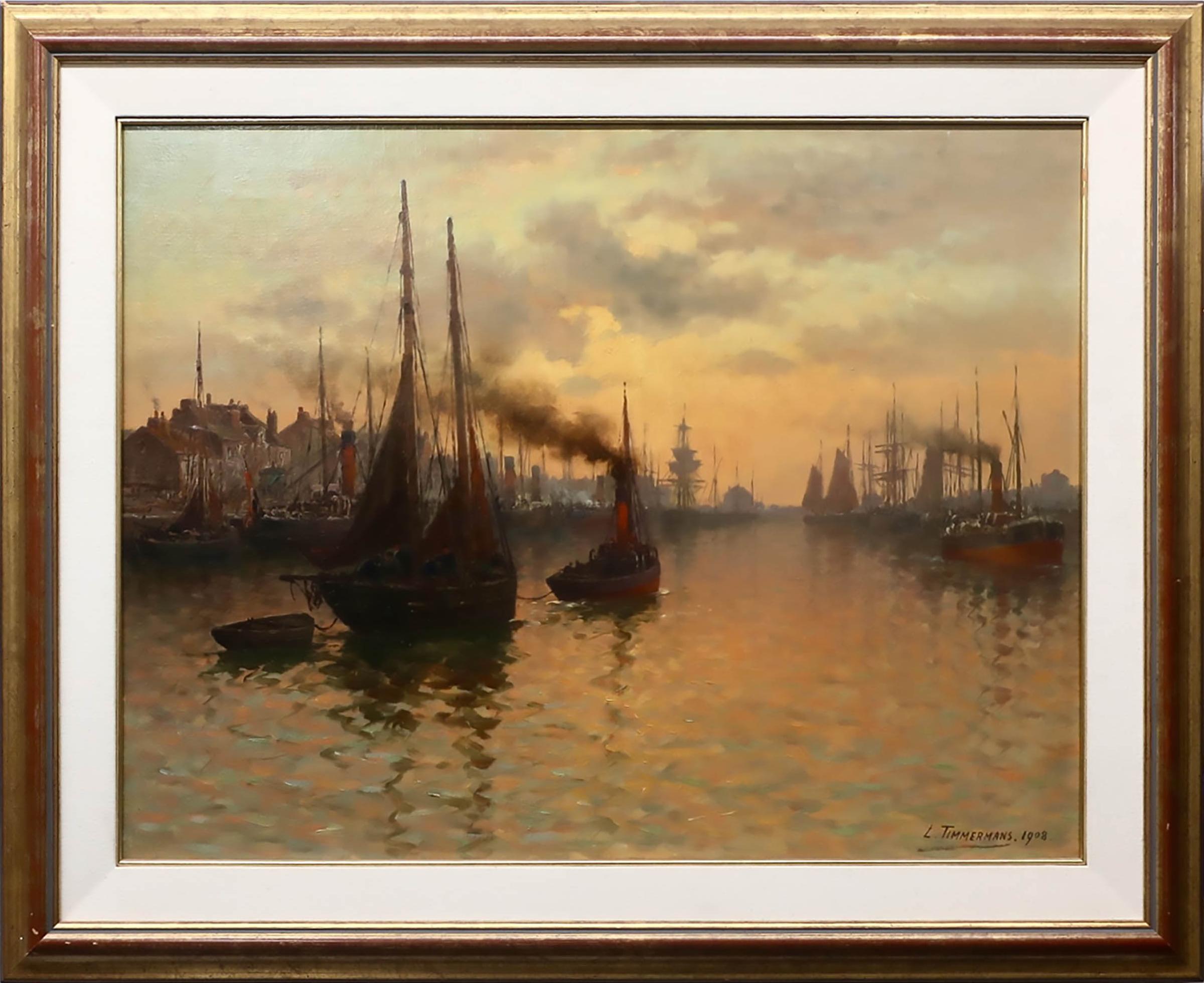 Louis Étienne Timmermans (1846-1910) - Harbour Scene At Sunset