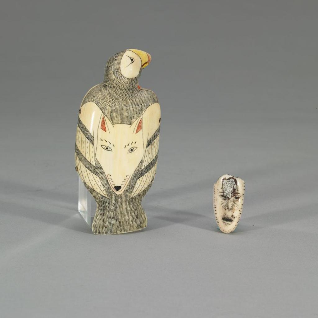 Harry Oomyun Shavings (1909-1989) - Puffin With Incised Wolf Face; Incised Shaman Face Pendant