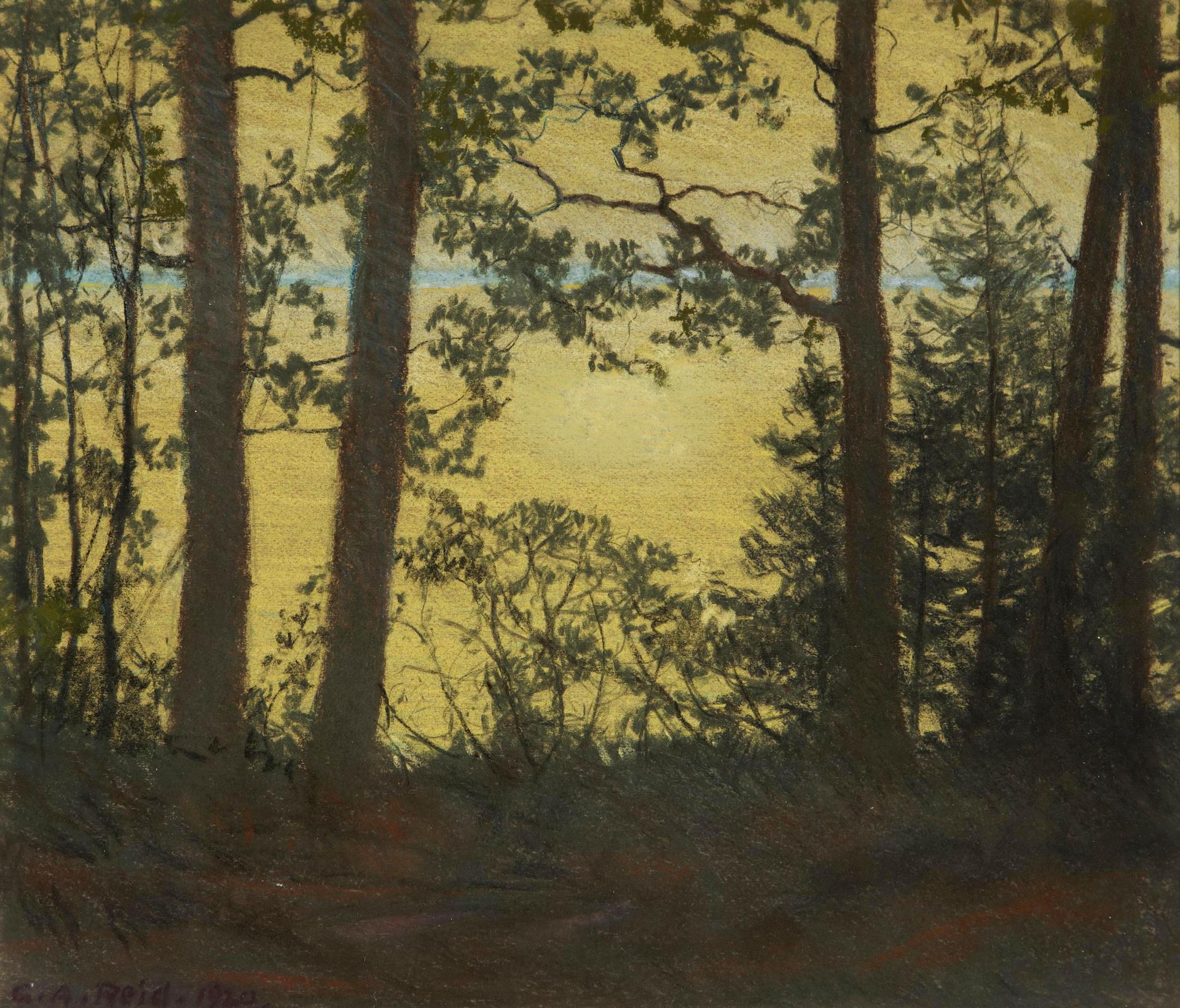 George Agnew Reid (1860-1947) - View of the lake at sunset through the trees