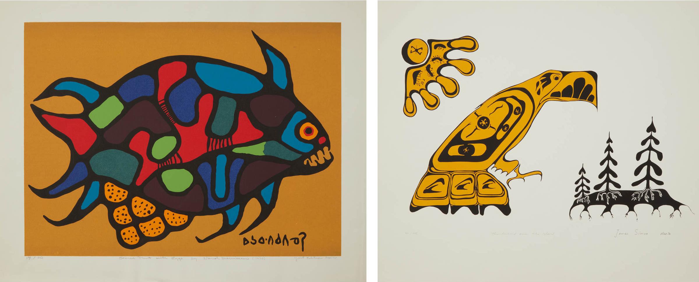 Norval H. Morrisseau (1931-2007) - Sacred Trout With Eggs, 1975; Thunderbird Over The Island, 1976