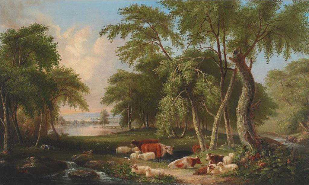 Joseph Dynes - Pastoral Landscape With Cattle And Sheep