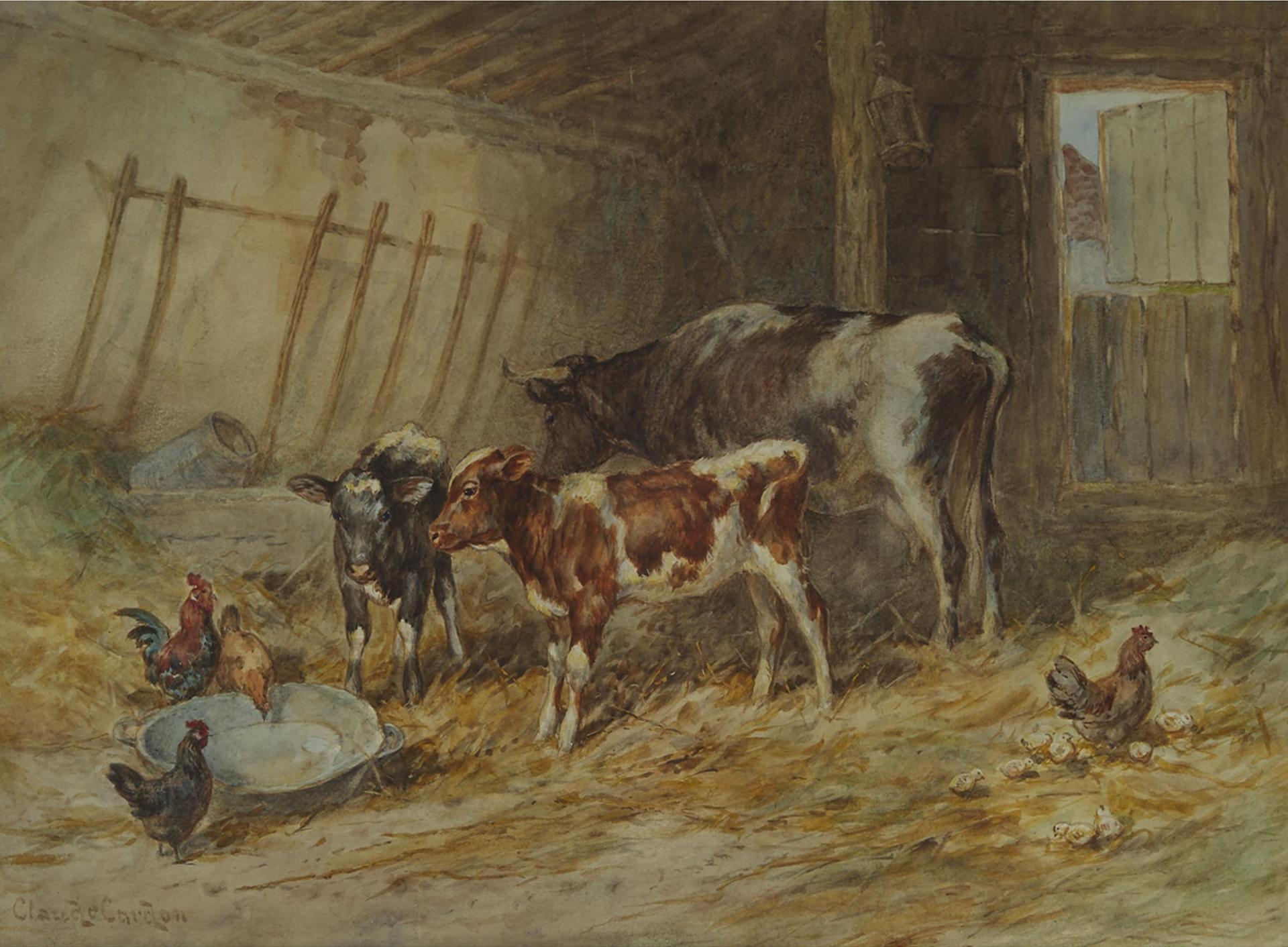Claude Cardon (1864-1937) - Calves Alongside Mother And Poultry In A Barn