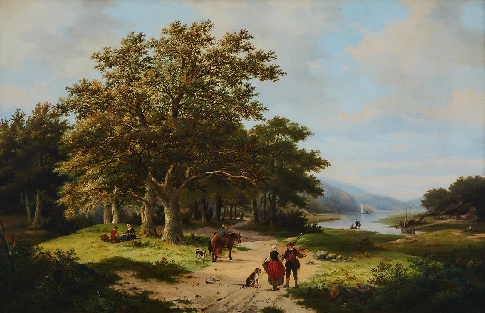 Marinus Adrianus Koekkoek the elder (1807-1868) - Lake Scene With Figures Milling About