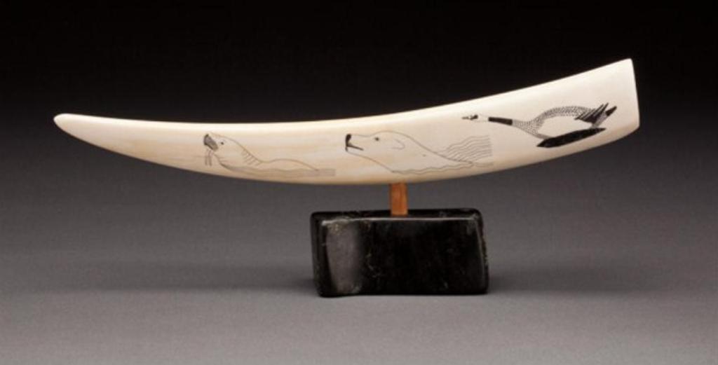 Innuki Oqutaq (1926-1986) - Engraved tusk depicting animals, and a hunter and dog chasing a polar bear, ca. 1972, ivory, mottled black stone
