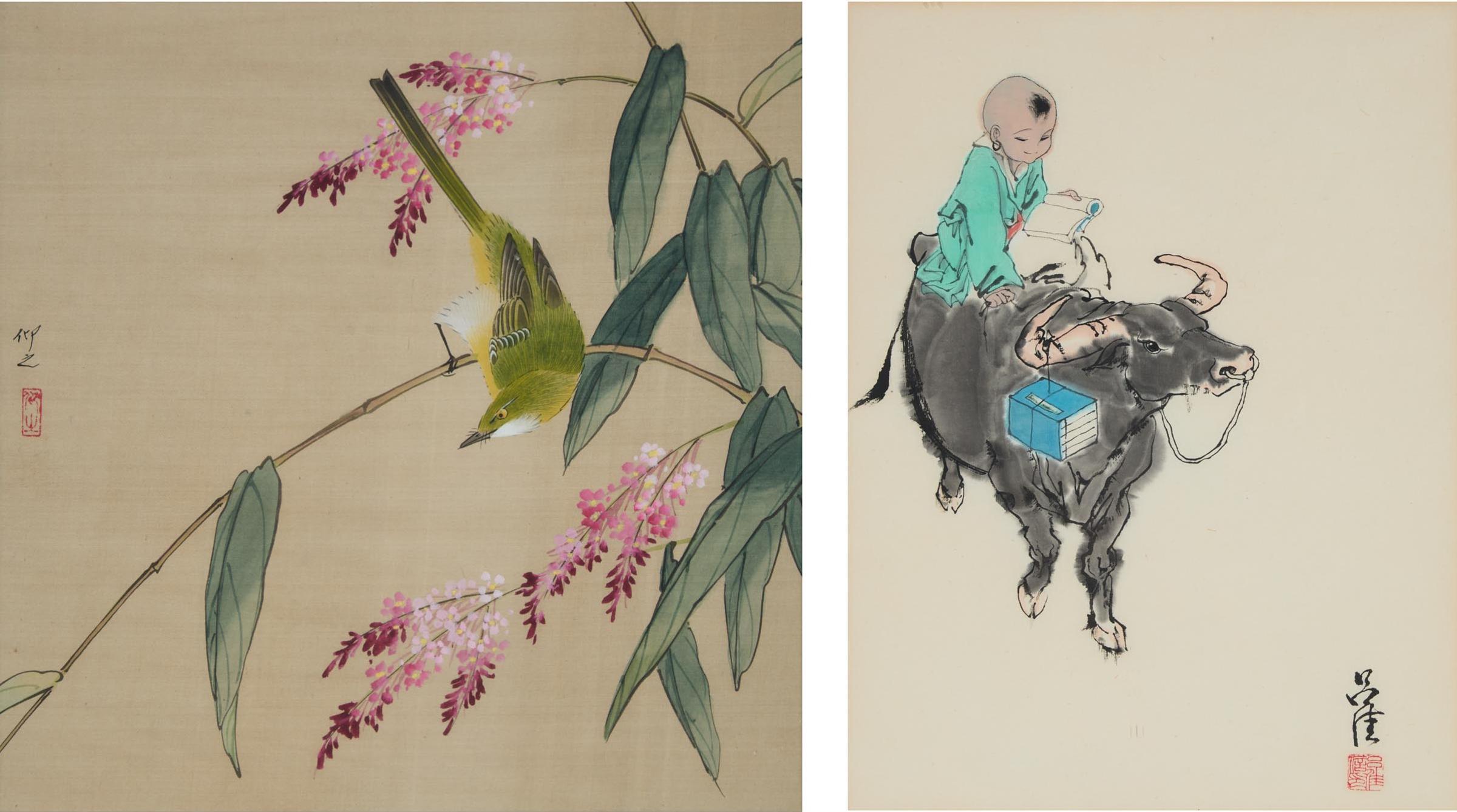 Jia Lu (1954) - 吕嘉 (1954- ) 牧牛图 水彩纸本 及花鸟绢本画一组共两件