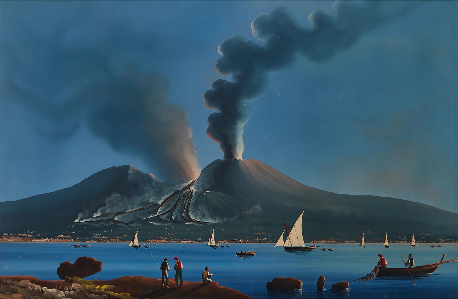 Neopolitan School - Mount Vesuvius Erupting; Shipping At Moonlight, Bay Of Naples