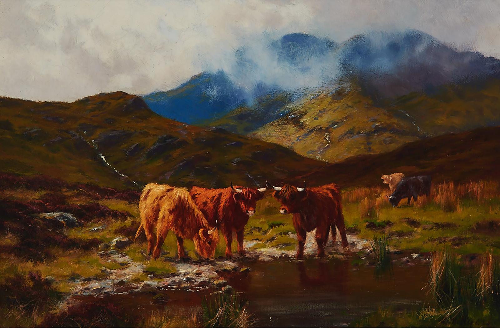 Louis Bosworth Hurt (1856-1929) - Highland Cattle Drinking At A Pool