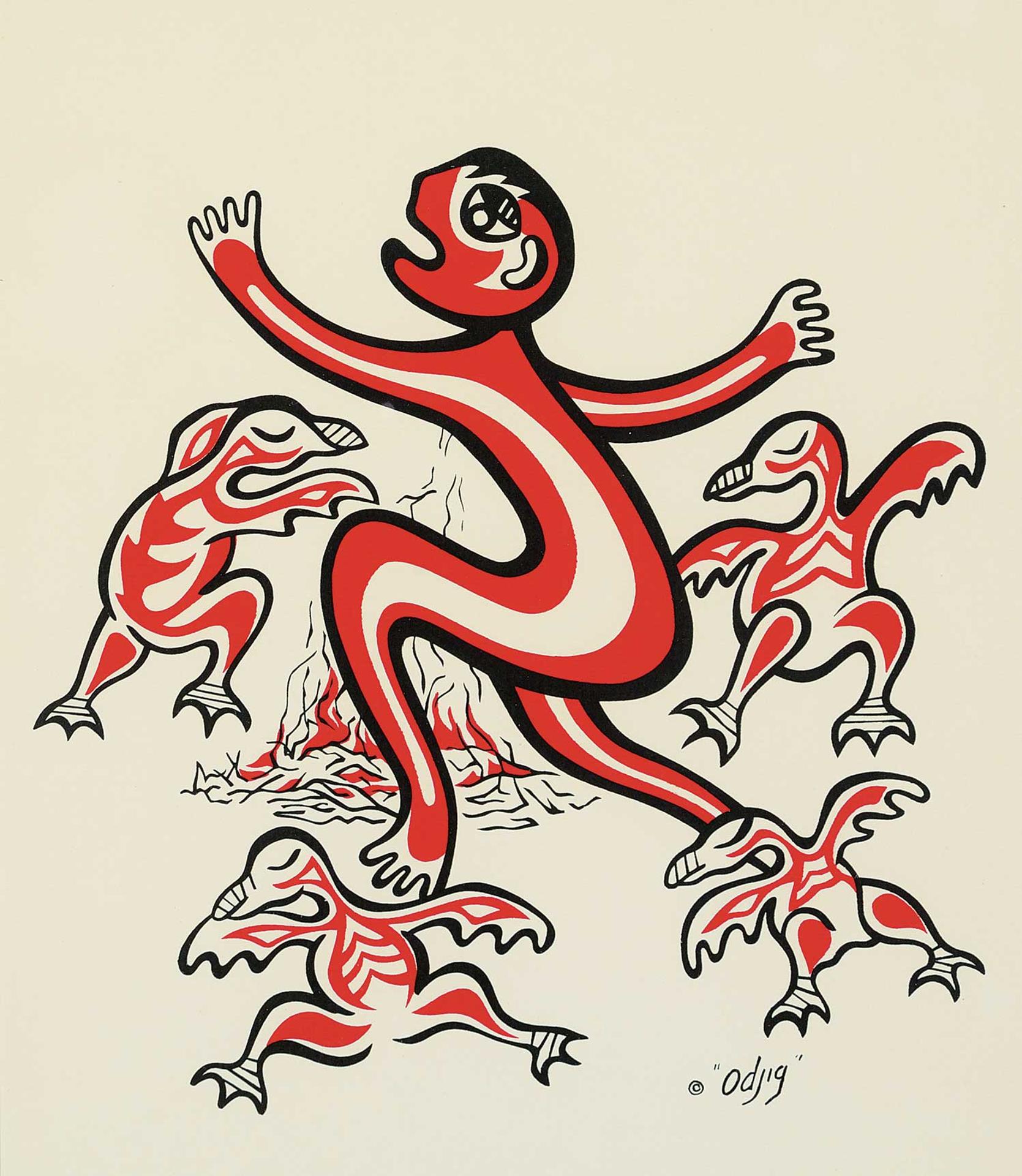 Daphne Odjig (1919-2016) - Nanabush and the Dancing Ducks [Red]