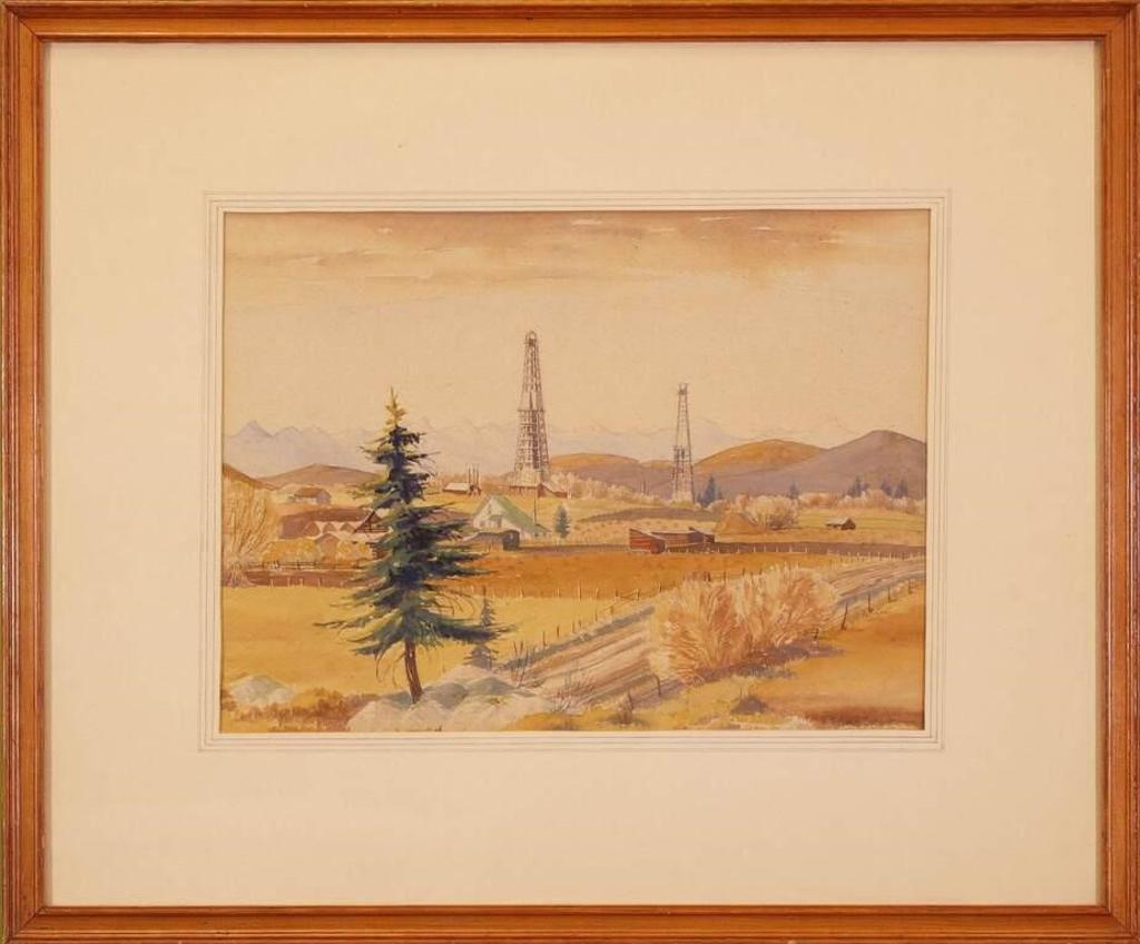 James Stanford (Stan) Perrott (1917-2001) - Untitled, A Foothills Farm with Oil Rigs and Distant Mountains