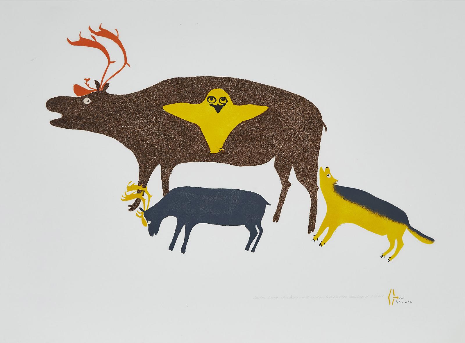 Marion Tuu'luq (1910-2002) - Caribou Being Chased By Wolf And Owl