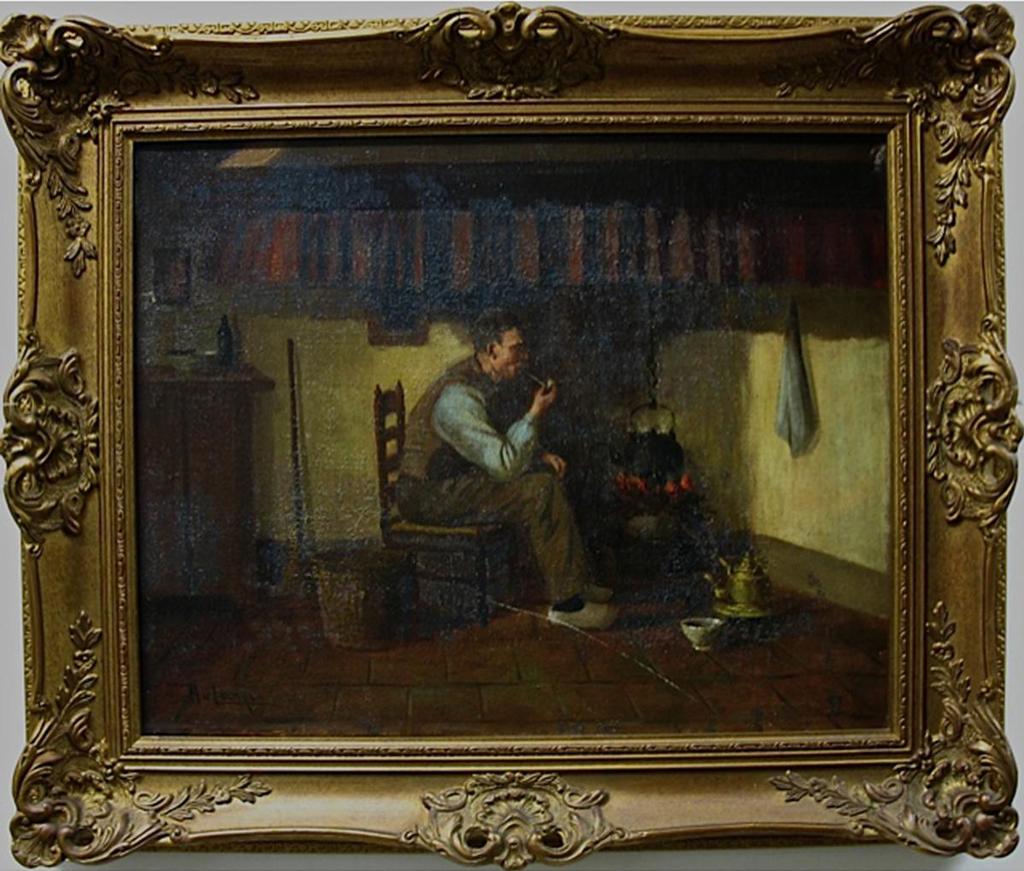 Hendricus Van Langen (1874-1964) - Dutch Farmer Smoking Pipe By Fire