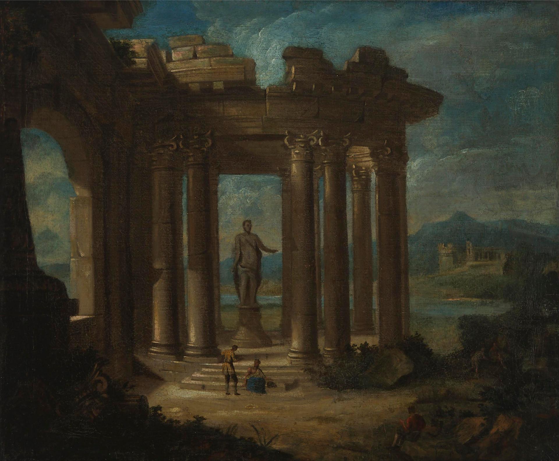 Circle of Antonio Joli (1700) - Architectural Capriccio With Spectators Among Ruins