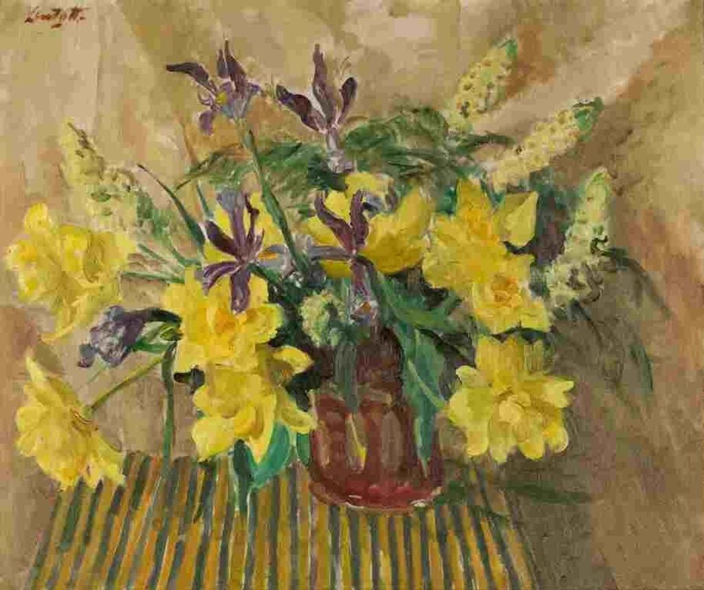 Edward Bernard Lintott (1875-1951) - Yellow Tulips, Iris, Mignonette