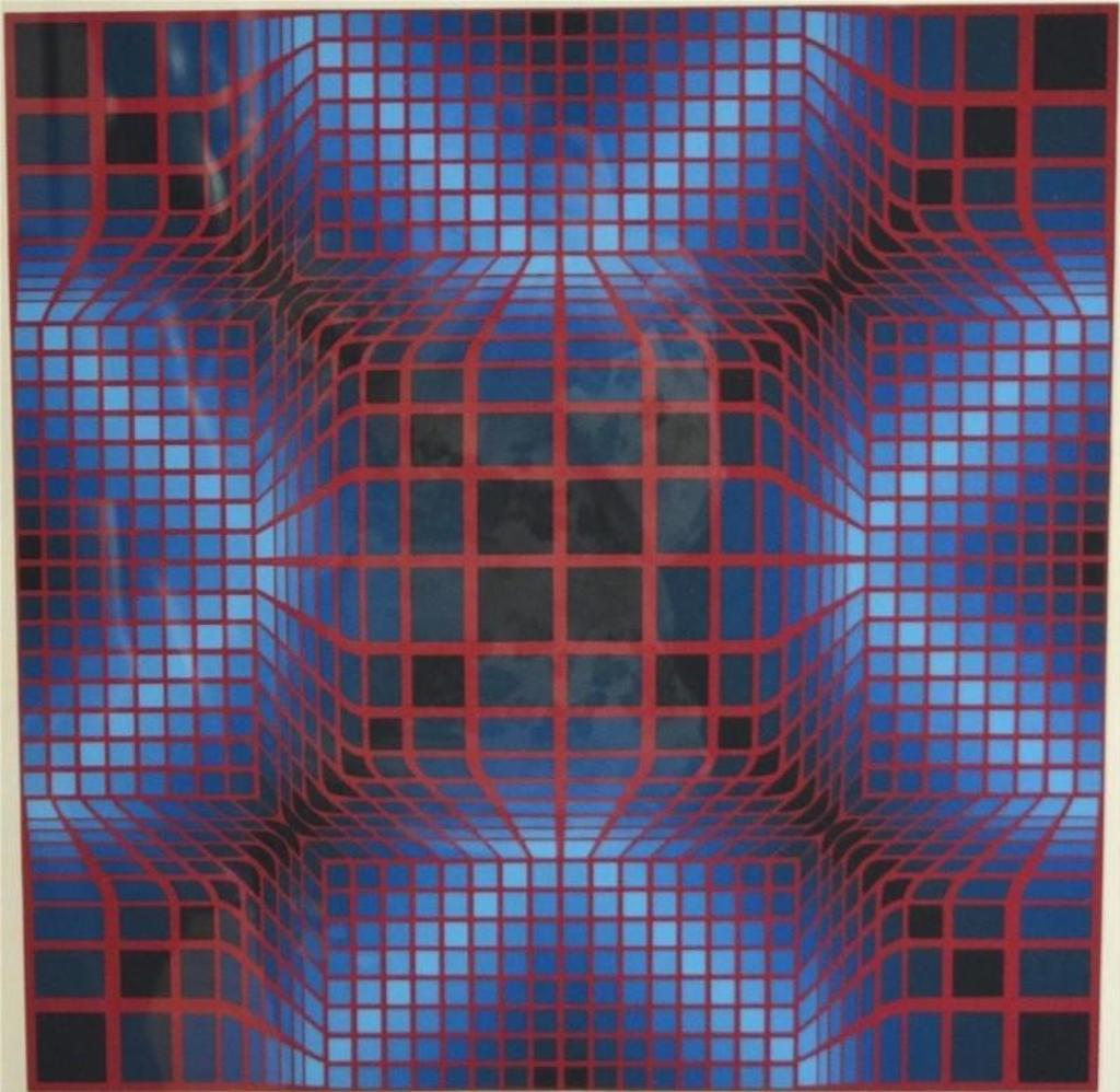 Victor Vrely (1906-1997) - Abstract, red grid on blue ground