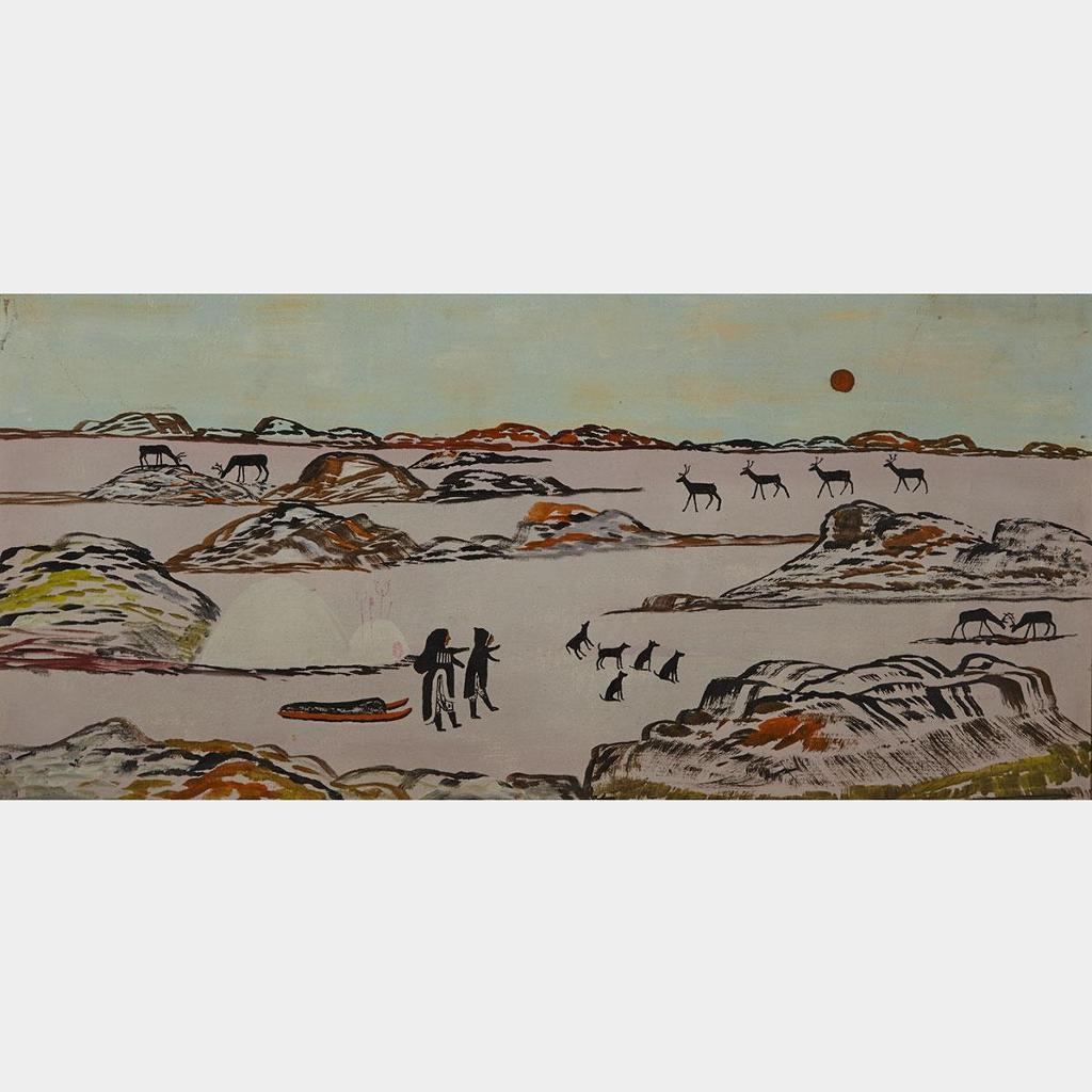 Pierre Nauya (1914-1977) - Landscape With Couple, Komatik, Dogs, And Caribou