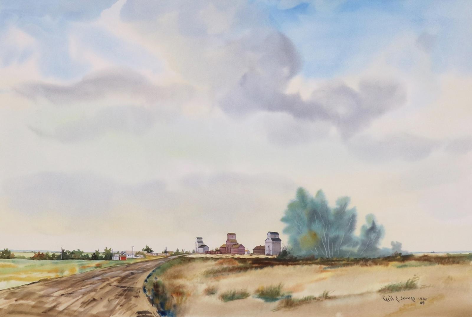 Cecil E. James (1908-1996) - Prairie Town At Sunset, With Grain Elevators And Prairie Road; 1982